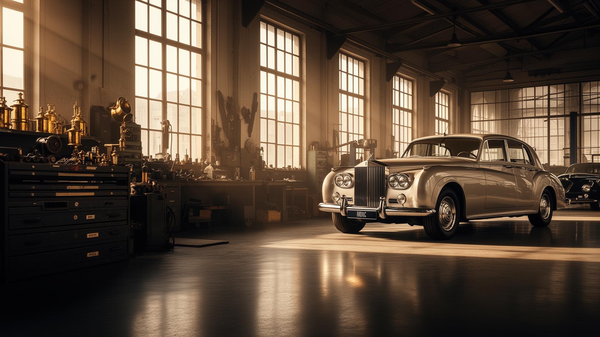 Vintage Rolls-Royce and Bentley in a heritage restoration workshop