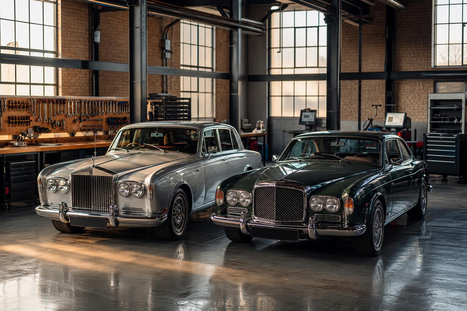 Pristine vintage Bentley in the Independent R.R. Service workshop